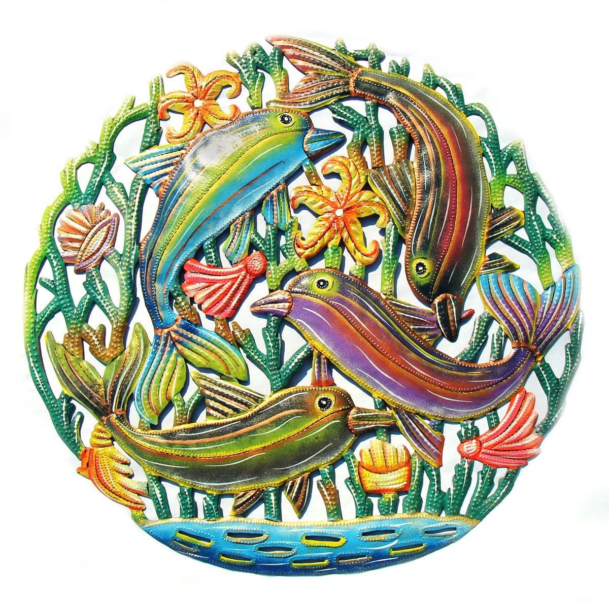 Coastal Playful Dolphins Haitian Metal Drum Wall Art - Mayra and Company