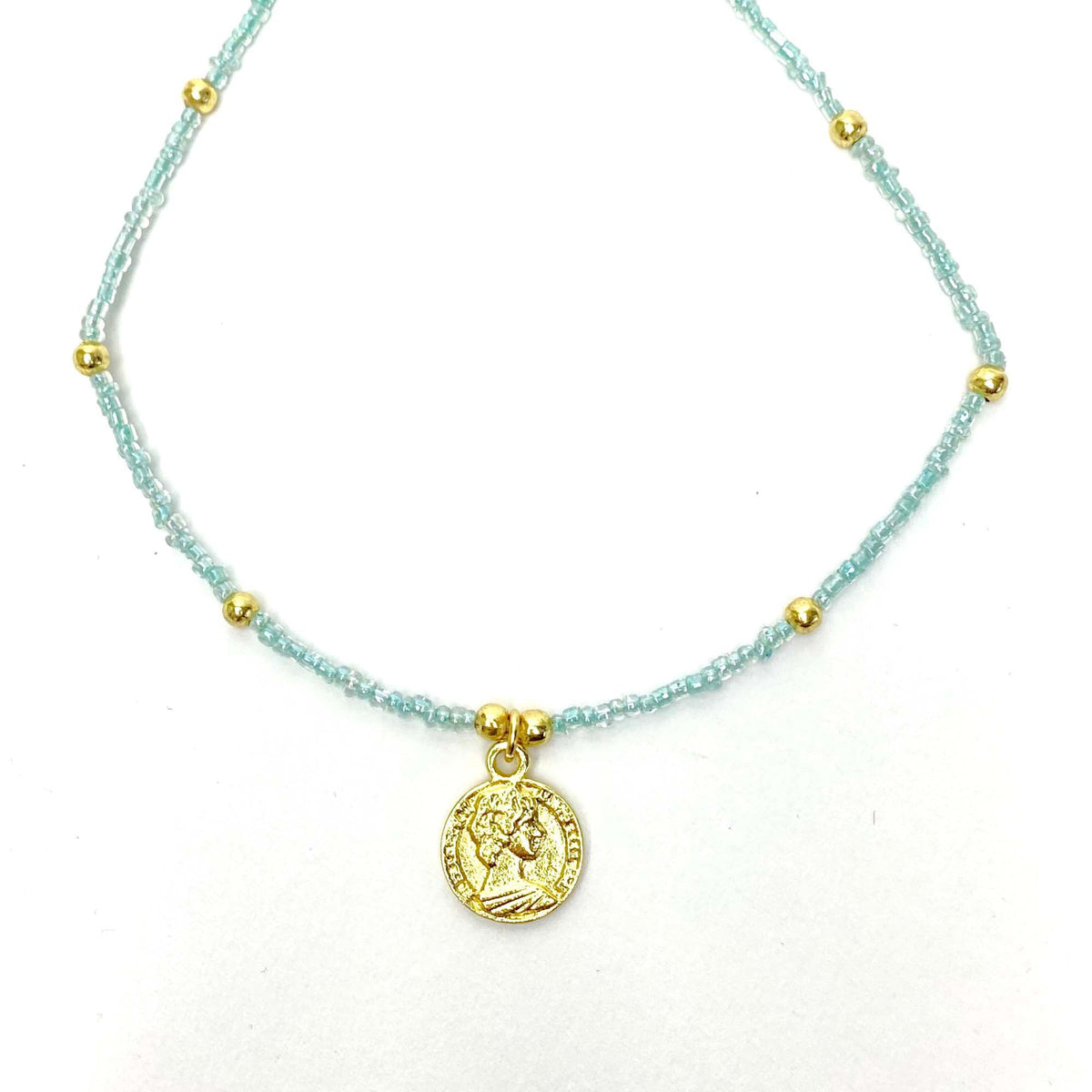 Baby blue Glass Bead Choker with Brass Coin Pendant - Mayra and Company