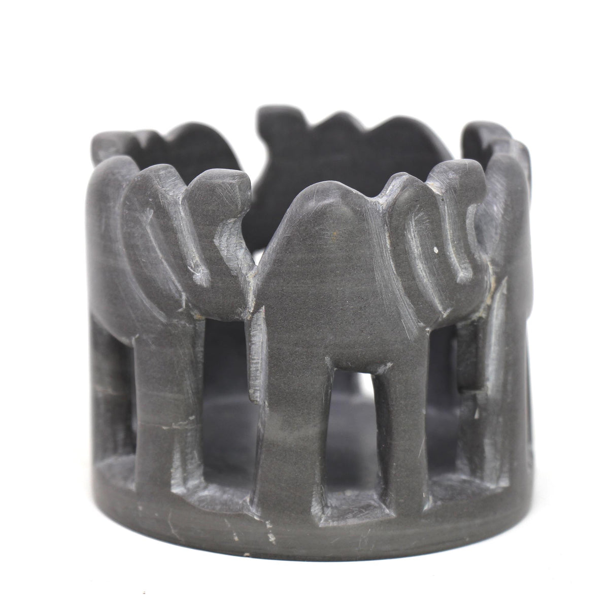 Circle of Elephants Soapstone Sculpture, 3 to 3.5-inch - Dark Stone - Mayra and Company