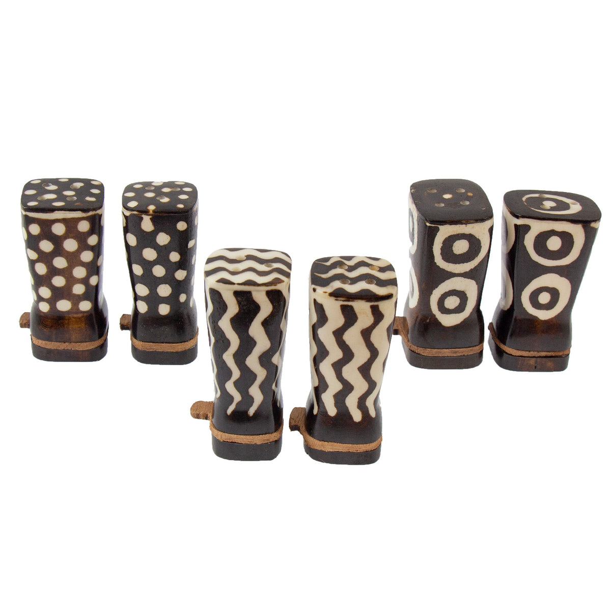 African Natural Bone Salt & Pepper Shakers, Traditional Batik Designs - Mayra and Company