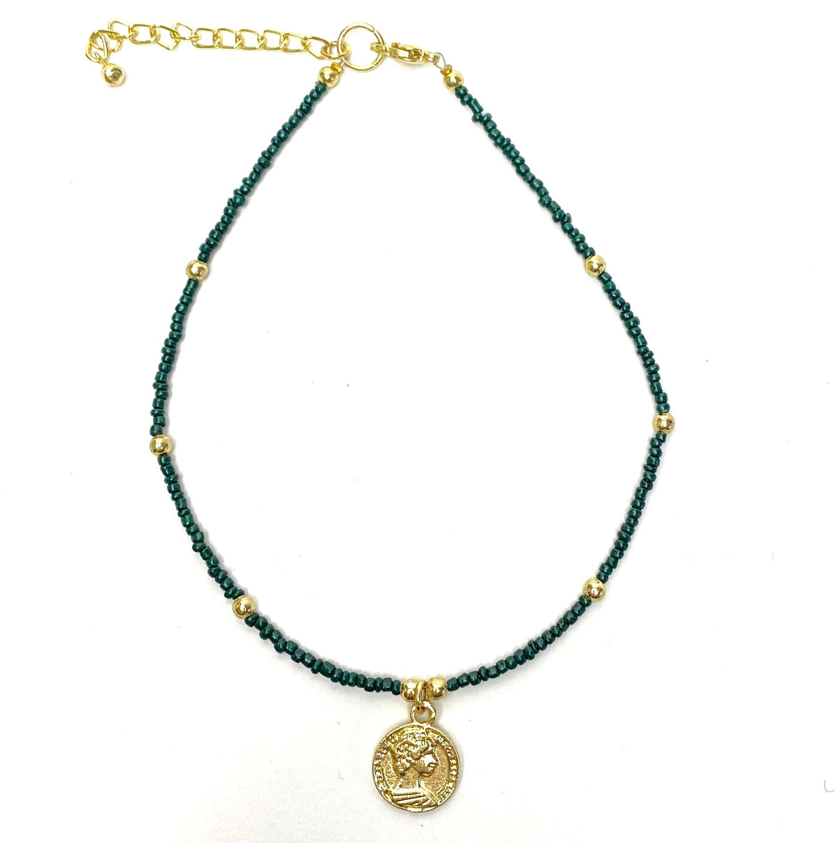 Dark Green Glass Bead Choker with Brass Coin Pendant - Mayra and Company
