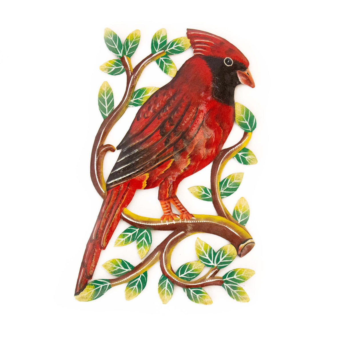 Cardinal on Branch, Painted Haitian Steel Drum Wall Art - Mayra and Company