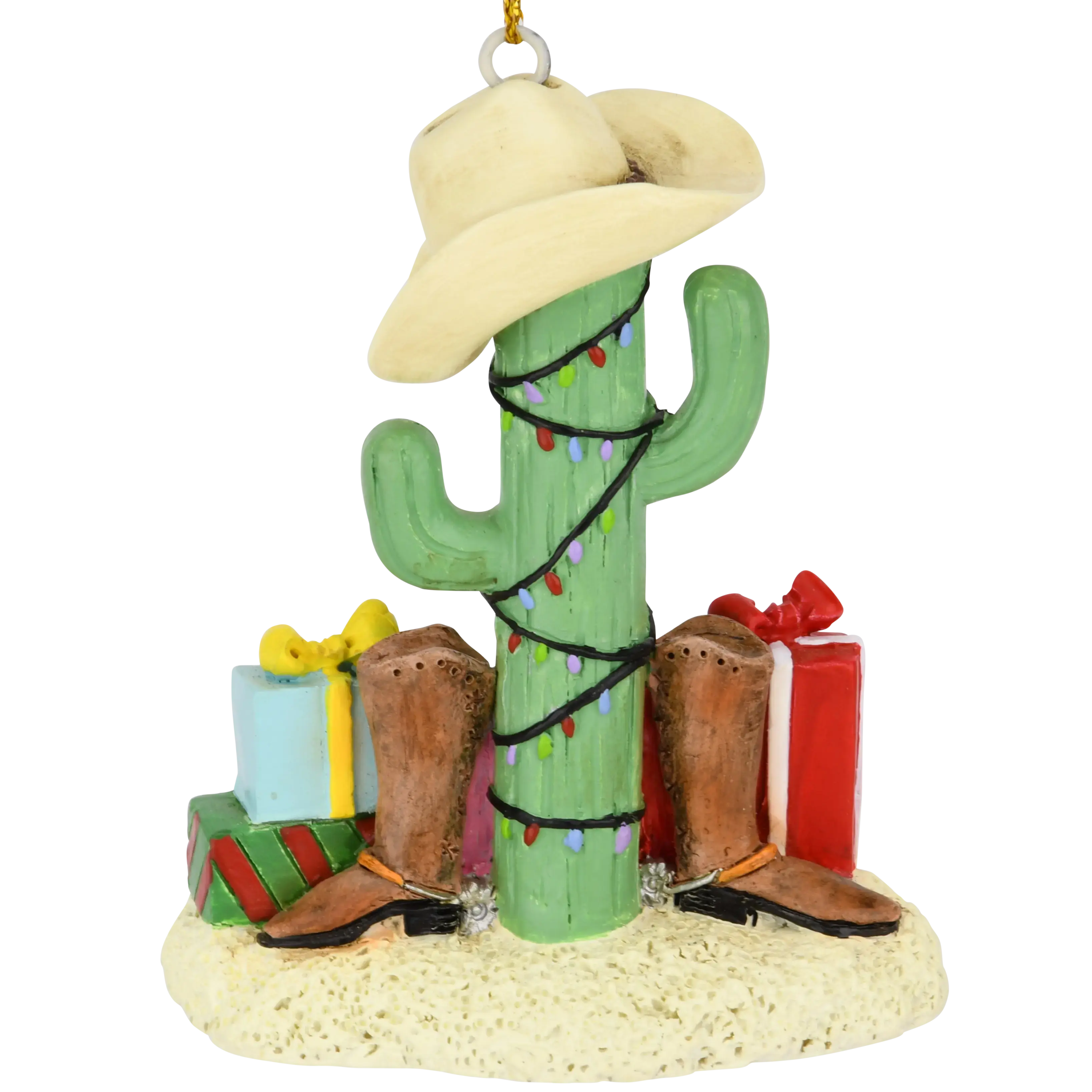 Cactus Christmas Tree with Cowboy Boots Cowboy Hats and Presents Ornament