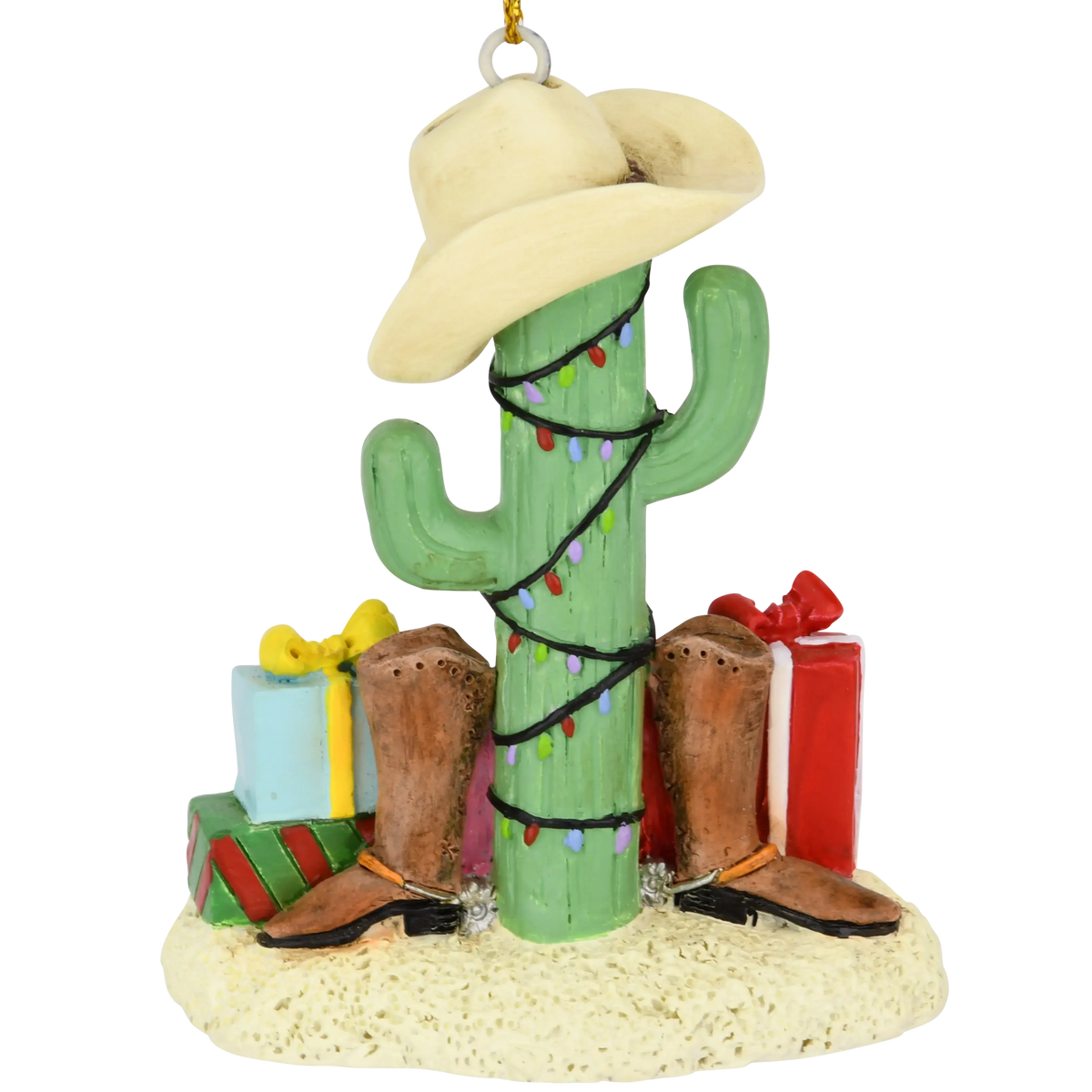 Cactus Christmas Tree with Cowboy Boots Cowboy Hats and Presents Ornament