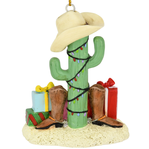 Cactus Christmas Tree with Cowboy Boots Cowboy Hats and Presents Ornament