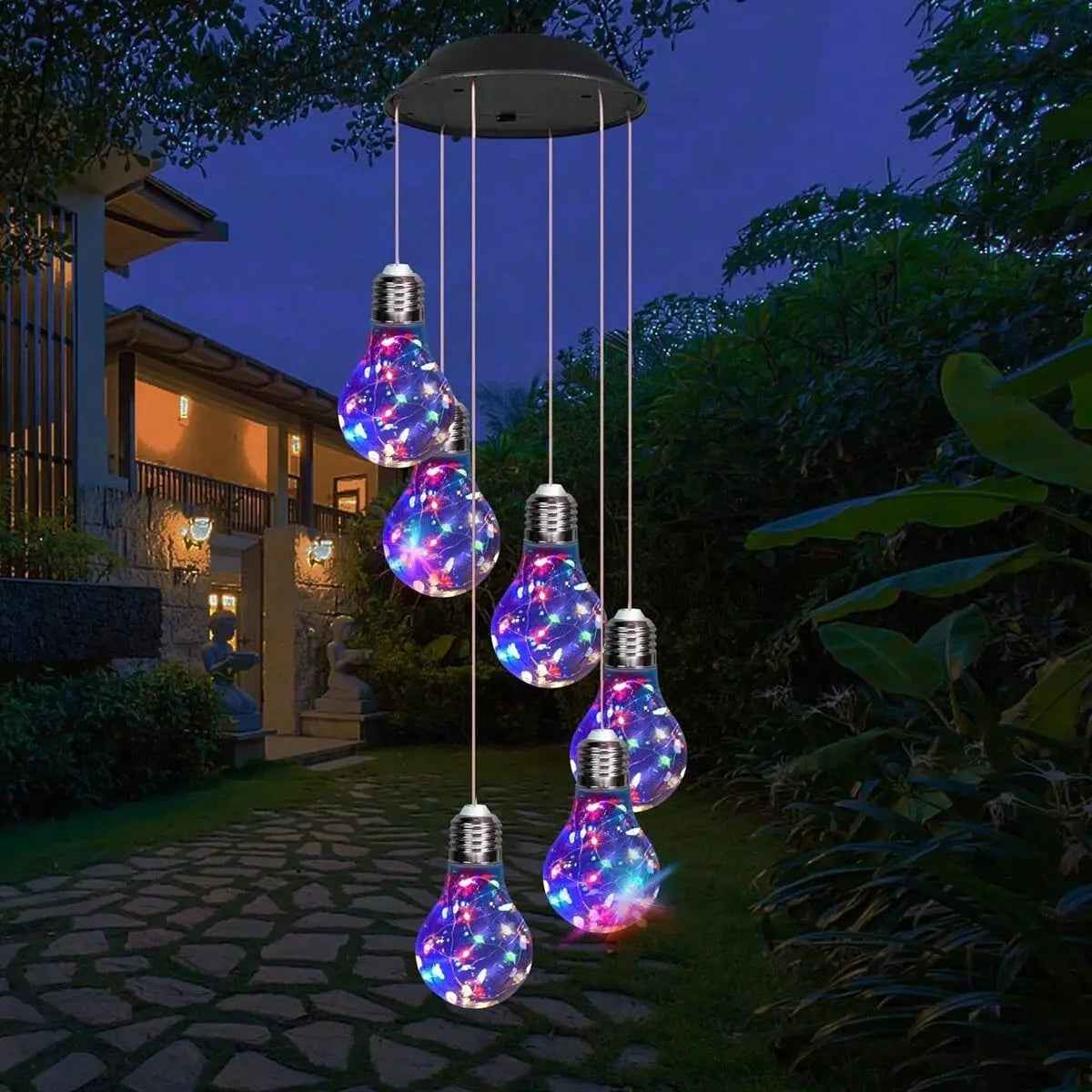 Set of 2 Colorful LED Solar Wind Chimes 21.6inch Light Bulb Shape Mobile Hanging Wind Chime Outdoor Waterproof Decorative Solar Powered Lights For Porch Deck Garden Patio Balcony Decor