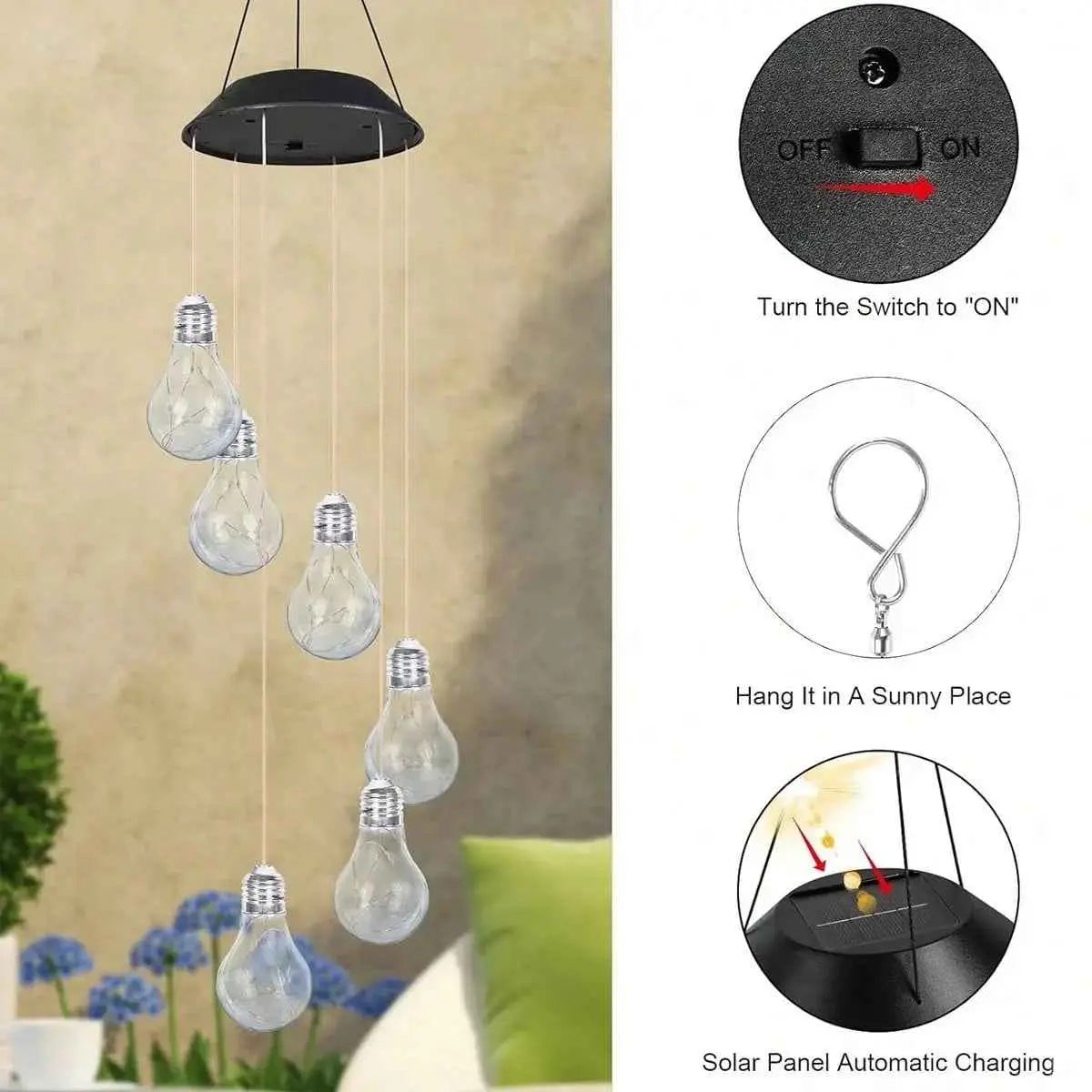 Set of 2 Colorful LED Solar Wind Chimes 21.6inch Light Bulb Shape Mobile Hanging Wind Chime Outdoor Waterproof Decorative Solar Powered Lights For Porch Deck Garden Patio Balcony Decor