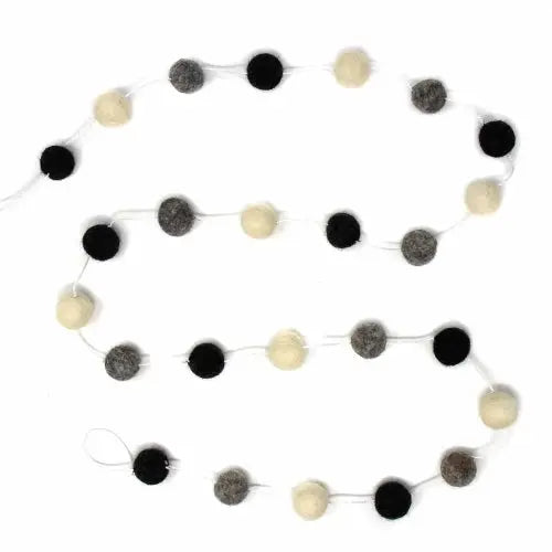 Hand Crafted Felt from Nepal: Pom Pom Garlands, White/Black/Gray Global Groove Direct