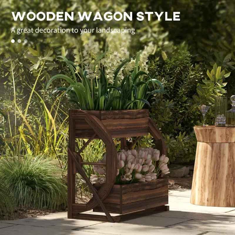 Outsunny Wooden Wagon Planter Box, 2-Tier Raised Garden Bed, For Vegetables Flowers Herbs,