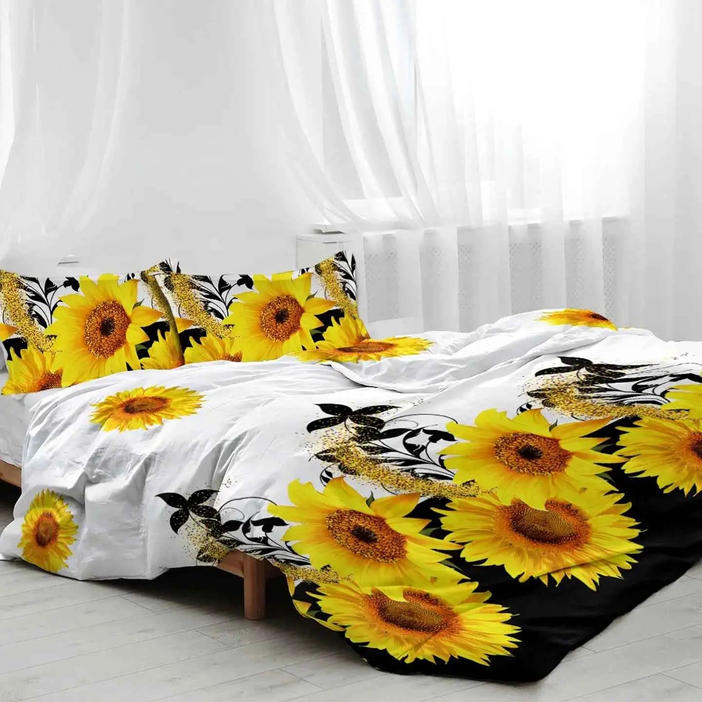 3 Pieces Black And White Background Sunflower Duvet Cover Set Yellow Flower Polyester Bedding Set For Adults Bedroom Decor Twin Full Queen King Size