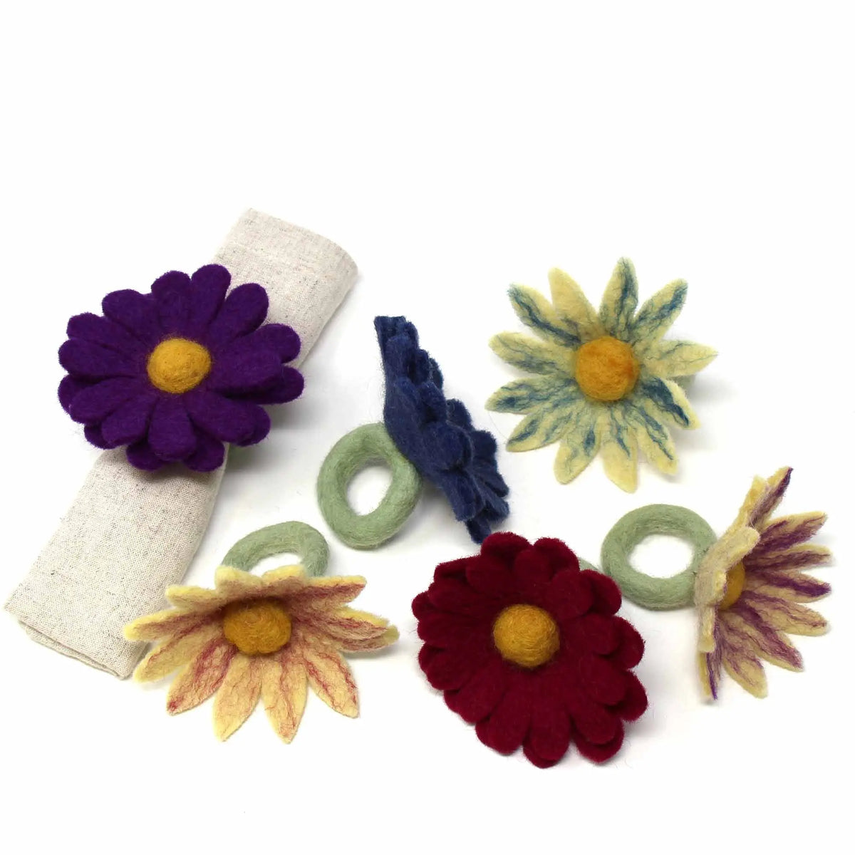 Hand Crafted Felt from Nepal: Set of 6 Napkin Rings, Assorted Daisies for Fall Mayra and Company