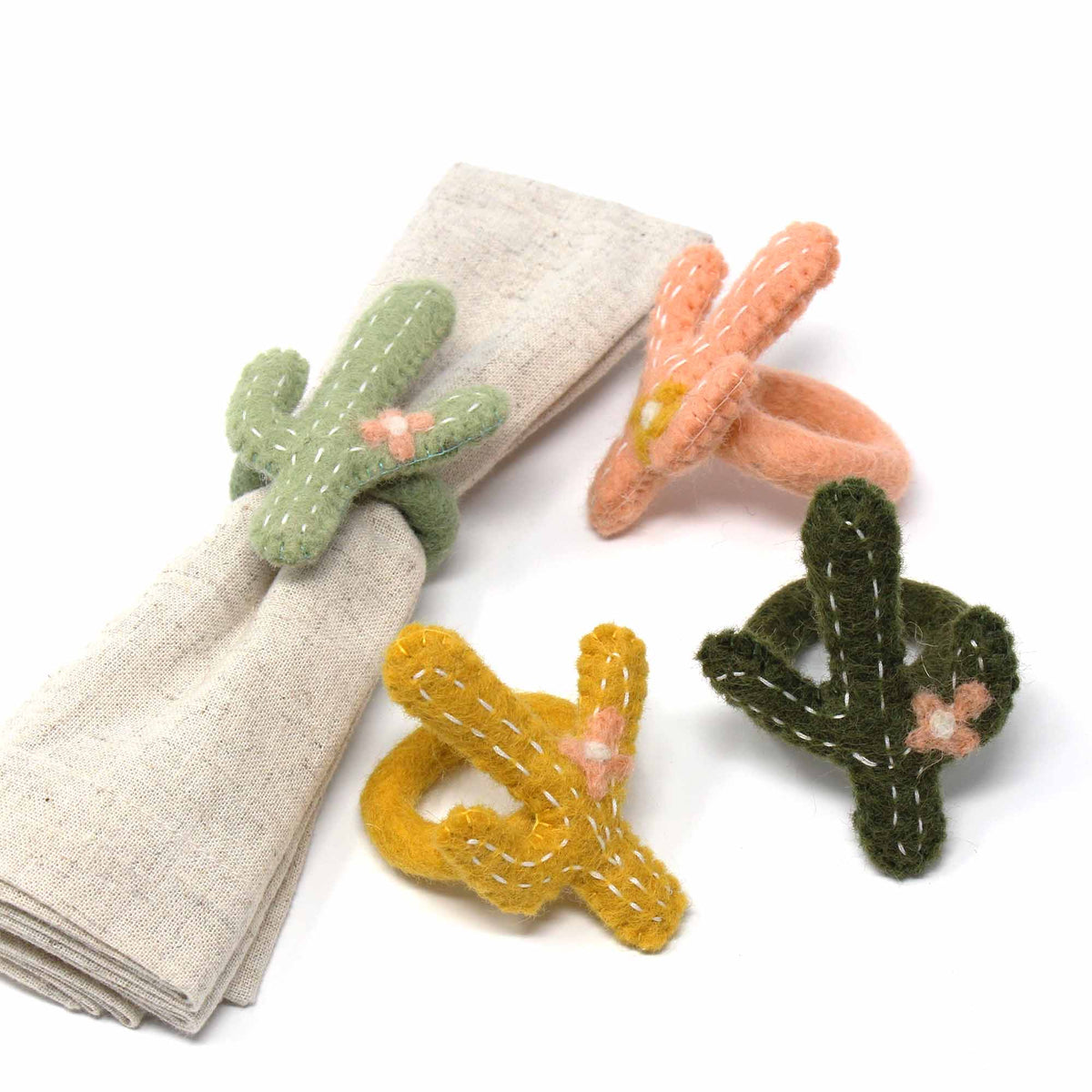 Hand-felted Cactus Napkin Rings, Set of Four Colors - Global Groove (T) Global Groove