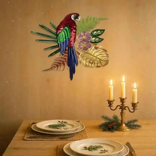 Vintage Colorful Parrot Wall Art With Floral Design Bohemian Tropical Bird Decor For Home Kitchen Office
