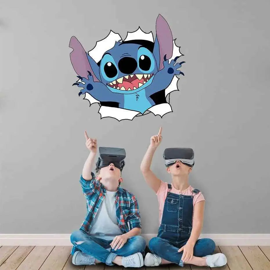 3D Broken Wall Stitch Wallpaper Children's Room Art Poster Decoration Self Adhesive Cartoon Anime Sticker Glass Door Sticker