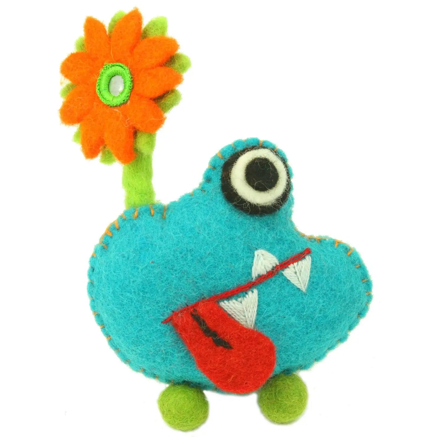 Hand Felted Blue Tooth Monster with Flower - Global Groove Global Groove