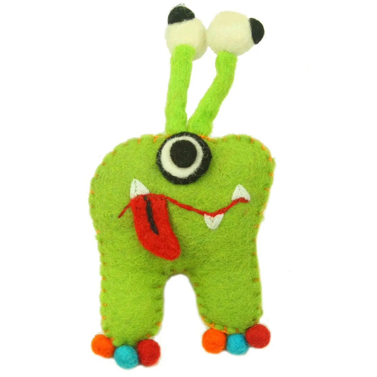 Hand Felted Green Tooth Monster with Bug Eyes - Global Groove Global Groove