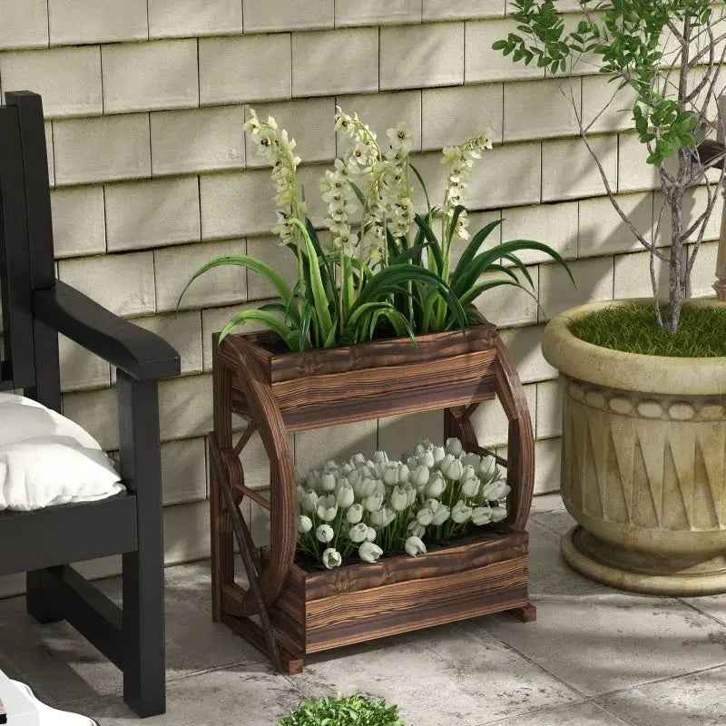 Outsunny Wooden Wagon Planter Box, 2-Tier Raised Garden Bed, For Vegetables Flowers Herbs,