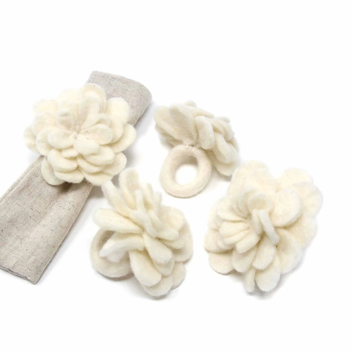 Set of 4 Felt Napkin Rings, Cream Zinnias Global Groove Direct