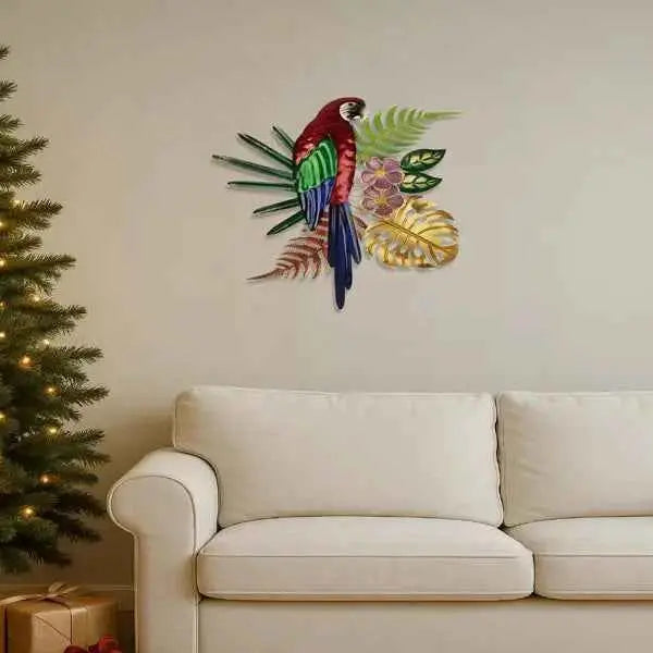 Vintage Colorful Parrot Wall Art With Floral Design Bohemian Tropical Bird Decor For Home Kitchen Office