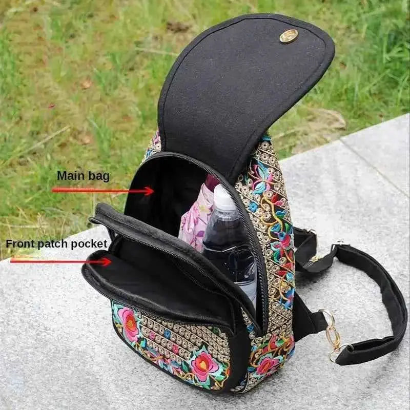 Women's Mini Embroidery Backpack, Backpack With Detachable Strap, Ethnic Style Versatile Multifunction Chest Bag
