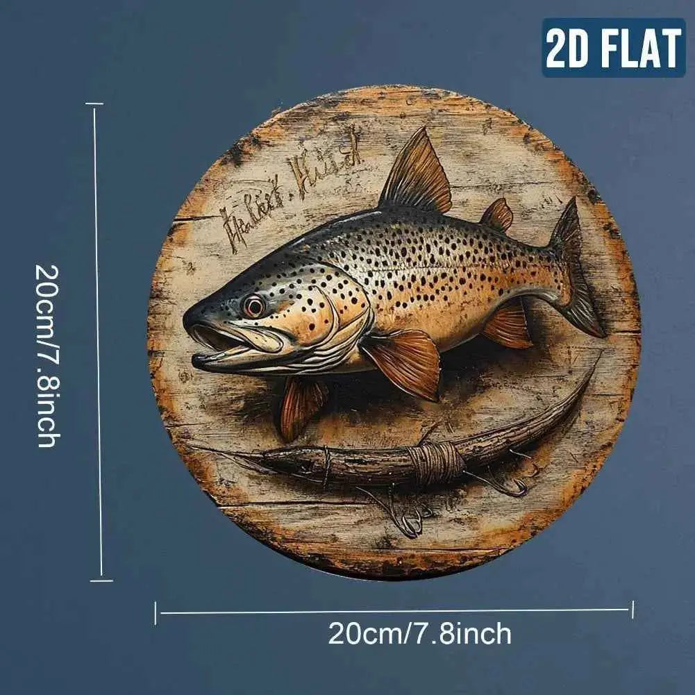2D Flat, Vintage Fishing Metal Wall Decor - Brown Trout Fish Art - Waterproof & Dustproof Aluminum Sign - Easy to Hang