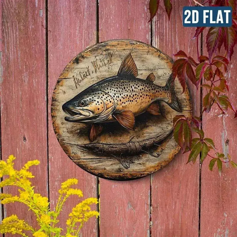 2D Flat, Vintage Fishing Metal Wall Decor - Brown Trout Fish Art - Waterproof & Dustproof Aluminum Sign - Easy to Hang