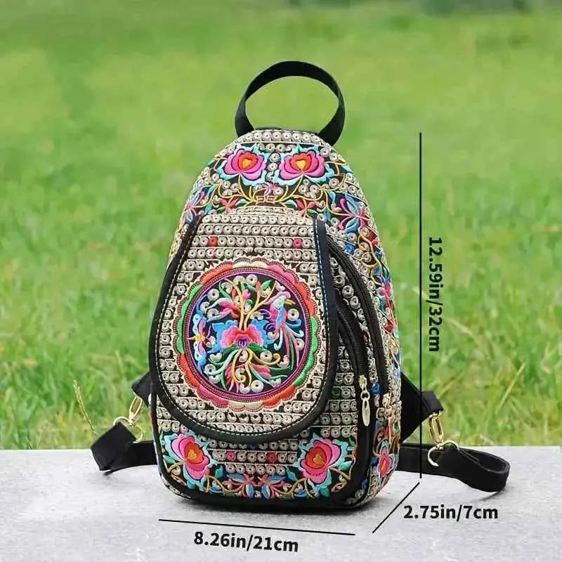 Women's Mini Embroidery Backpack, Backpack With Detachable Strap, Ethnic Style Versatile Multifunction Chest Bag