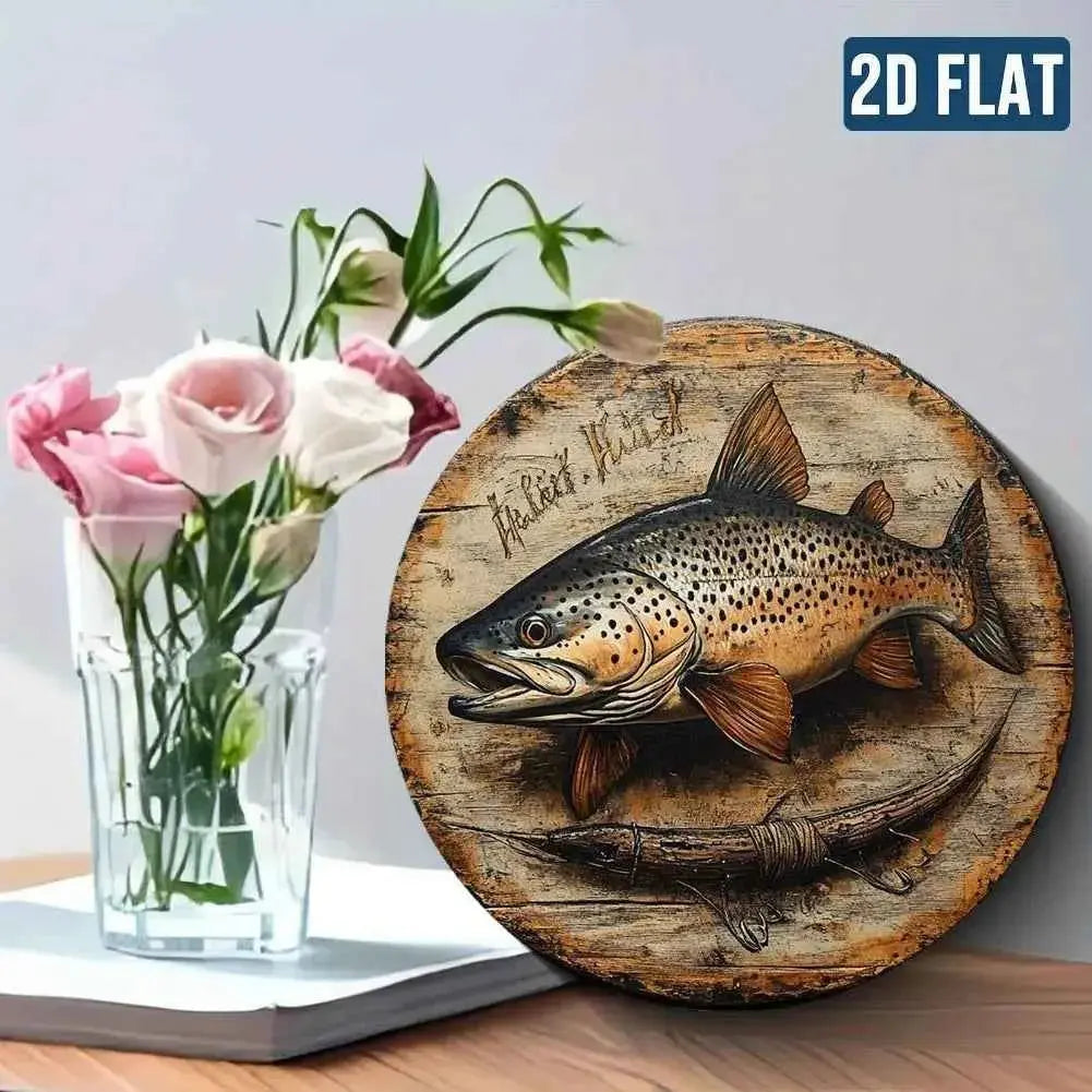 2D Flat, Vintage Fishing Metal Wall Decor - Brown Trout Fish Art - Waterproof & Dustproof Aluminum Sign - Easy to Hang