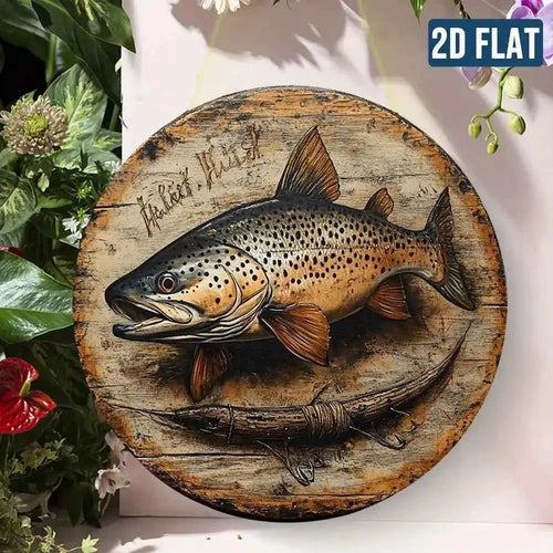 2D Flat, Vintage Fishing Metal Wall Decor - Brown Trout Fish Art - Waterproof & Dustproof Aluminum Sign - Easy to Hang