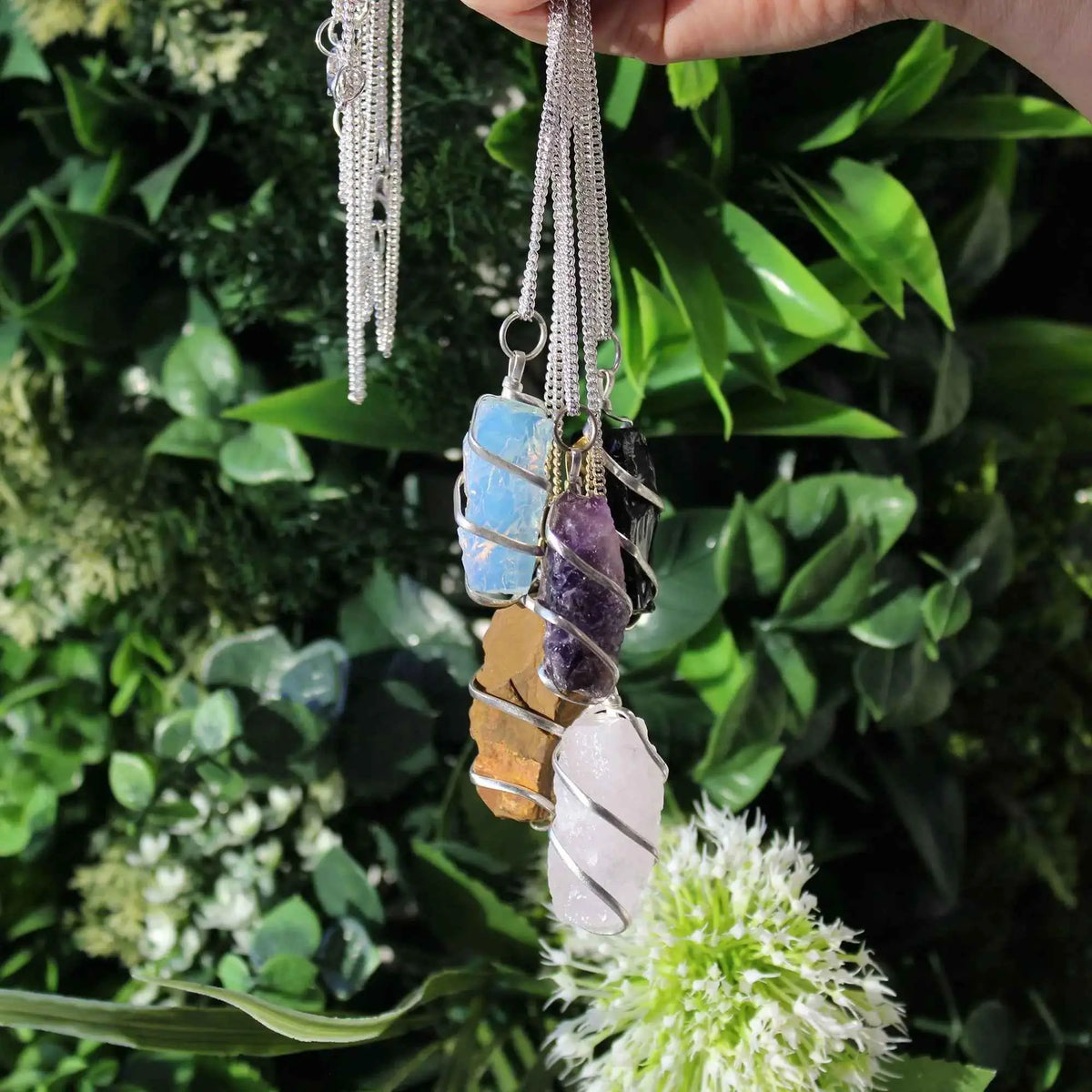 Spiral Wrapped Gem Necklace-Raw Opalite