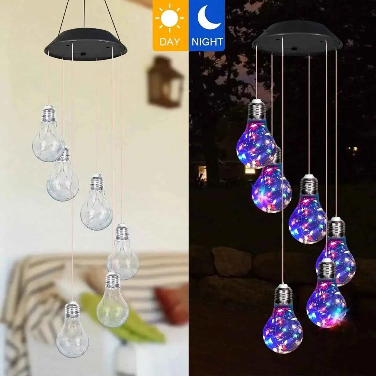 Set of 2 Colorful LED Solar Wind Chimes 21.6inch Light Bulb Shape Mobile Hanging Wind Chime Outdoor Waterproof Decorative Solar Powered Lights For Porch Deck Garden Patio Balcony Decor