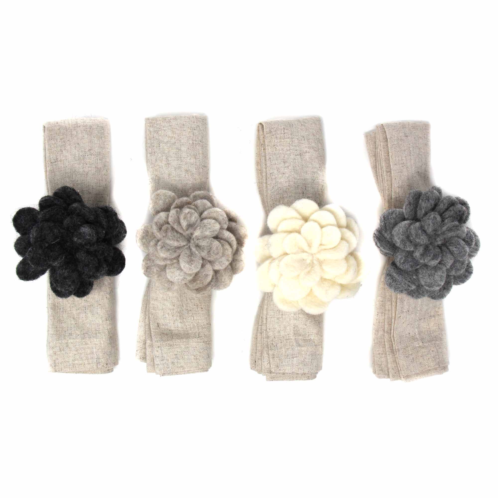 Hand Crafted Felt: Set of 4 Napkin Rings, Assorted Neutral Color Zinnias Global Groove Direct