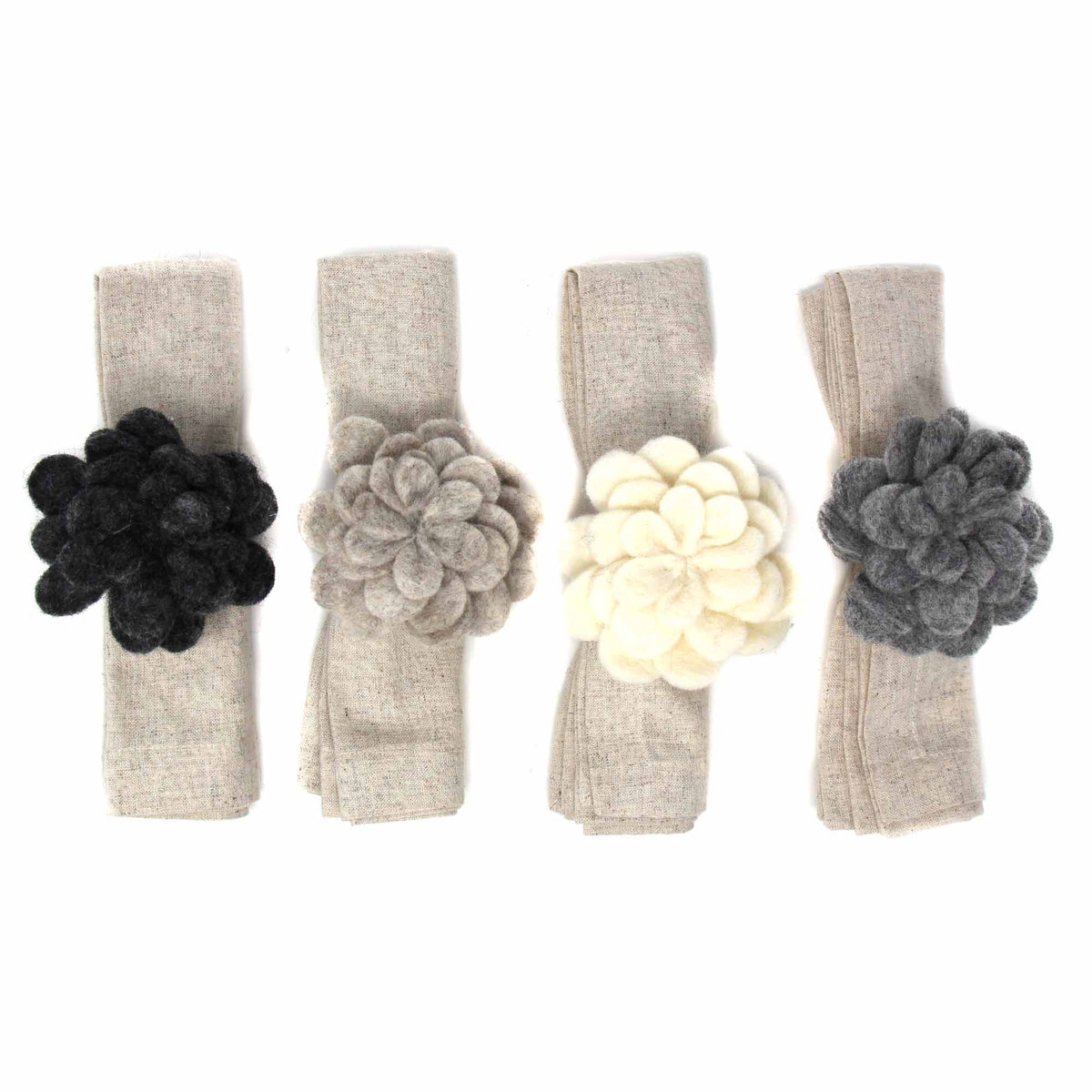Hand Crafted Felt: Set of 4 Napkin Rings, Assorted Neutral Color Zinnias Global Groove Direct
