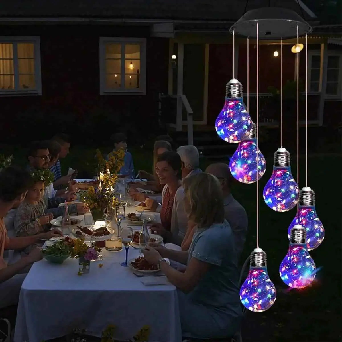 Set of 2 Colorful LED Solar Wind Chimes 21.6inch Light Bulb Shape Mobile Hanging Wind Chime Outdoor Waterproof Decorative Solar Powered Lights For Porch Deck Garden Patio Balcony Decor