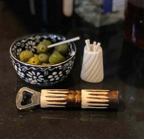 Hand-Caved Cocktail Picks &Jar In Natual Bone Global Groove